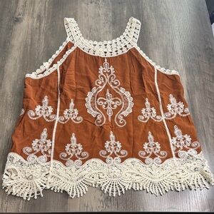 Ultra Pink Y2K Lace Embroidered Blouse - Rust and White